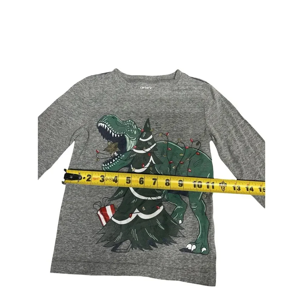 Carter’s Dinosaur Christmas T Rex Gray Long Sleeve Shirt Toddler Boys 4T